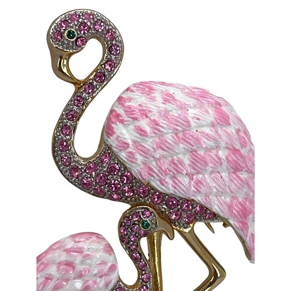 Tropical Pink Rhinestone Crystal Flamingo Mother Baby Chick Enamel Brooch Pin - Picture 5 of 8